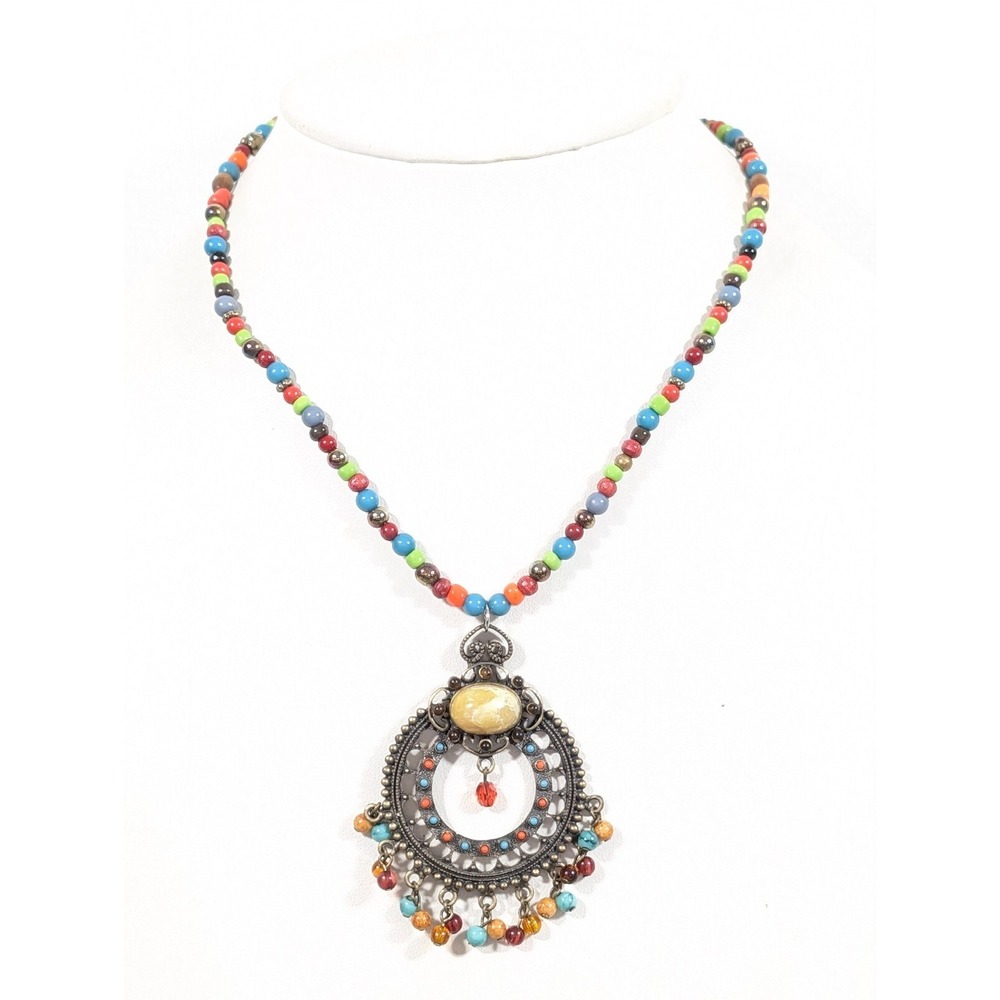 Boho Colorful Bead Medallion Pendant Necklace Cabochon Charm 16"